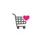 Shopping cart with heart pink sign. simple icon isolated on white background. Store trolley with wheels.