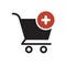 Shopping cart icon, commerce icon with add sign. Shopping cart icon and new, plus, positive symbol