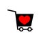 Shopping cart icon with red heart. Shop trolley with wheels and heart symbol.