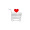 Shopping cart icon with red heart. Shop trolley with wheels and heart symbol. Vector illustration.