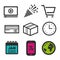 Shopping cart icon. Video play symbol. Party icon. Credit card sign. Clock and Calendar icons.