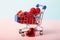 Shopping cart on the isometric pink and blue background full of glossy red hearts.Concept of the Saint Valentines day