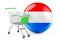 Shopping cart with Luxembourgish flag. Shopping in Luxembourg concept. 3D rendering