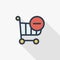 Shopping cart and minus sign thin line flat color icon. Linear vector symbol. Colorful long shadow design.