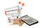 Shopping cart, money and calculator isolated