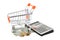 Shopping cart, money and calculator isolated