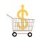 Shopping cart with money going up arrow, rising food prices, flat style icon