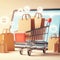 shopping cart online concept, small paper shopping bags background