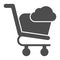 Shopping cart online glyph icon. Market trolley storage with cloud sign. Commerce vector design concept, solid style