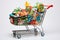 A shopping cart packed with vibrantly adorned pineapples, ready to be purchased., A shopping cart that\\\'s a jungle of