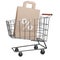 Shopping cart with paper shopping bag and discount sign, 3d rendering.