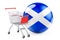 Shopping cart with Scottish flag. Shopping in Scotland concept. 3D rendering