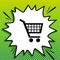 Shopping cart sign. Black Icon on white popart Splash at green background with white spots. Illustration