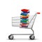 Shopping cart with a stack of books.