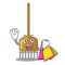 Shopping cartoon rake leaves with wooden stick