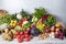 Shopping center, section in the greengrocer store.Vegetables on shelf in supermarket. Peppers, broccoli and beans