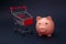 Shopping concept, economy. Piggy bank with supermarket trolley