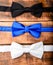 Shopping concept. vintage bow tie collection. retro style. Groom wedding. male bow tie on wood. Fashion accessory