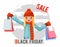 Shopping cute girl black friday sale bag package purchase shop background flat design character vector illustration