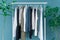 Shopping dress clothes shelf green leaves plant blue background