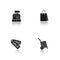 Shopping drop shadow black icons set. Cash register, paper shopping bag, sale tags, basket on wheels symbol. Isolated