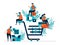 Shopping experience of finding products, making payments and delivery services. Big shopping cart. Flat vector illustration