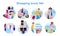 Shopping flat concept icons set. Buyer making purchases stickers, cliparts pack. Shopaholics, customers buying gifts, clothes.