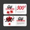 Shopping gift cards template set with gift box, love shape and 500 dollar numbers. Discount gift card coupon. Happy