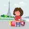Shopping girl in Paris and Eiffel Tower, flat vector illustration