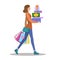 Shopping girl. Woman with colourful gift boxes and shopping bags