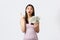 Shopping, holidays and people emotions concept. Attractive korean woman in evening dress, showing money and raise index