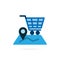 Shopping location icon. Shopping cart with point on map symbol. Blue symbol on white background. Vector