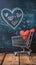 Shopping love Small cart surrounded by heart doodles on stylish blackboard