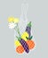 Shopping mesh bag with fruits and daisies on a grey background