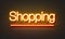 Shopping neon sign on brick wall background.