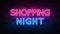 Shopping night neon sign. purple and blue glow. neon text. Brick wall lit by neon lamps. Night lighting on the wall. 3d