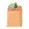 Shopping paper bag with bread olive oil meat and lettuce, grocery purchases