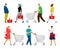 Shopping people. Man with shopping cart and woman with market basket vector illustration, retail cartoon supermarket