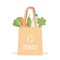 Shopping reusable grocery cloth bag with vegetables and products without packing in a flat style.