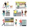 Shopping shop people in supermarket. Family buyers and store employees in mall vector icons set