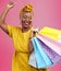 Shopping, smile and black woman with bags, excited and retail on a pink studio background. African person, customer and