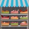 Shopping stands with meat products in baskets. Supermarket shelves with sausages and c chicken drumsticks, ham and bacon