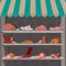 Shopping stands with meat products. Supermarket shelves with sausages and c chicken drumsticks, ham and bacon