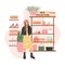 Shopping store card design. Woman in fashionable clothes, shelves with shoes vector flat cartoon illustration.