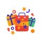 Shopping symbols, gift boxes and shopping bag vector Illustration on a white background