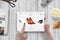 Shopping with tablet. Woman buy red shoes on online market