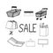 Shopping trolley, basket, bags, credit card, percentage sign, wallet, sale signboard, pack with groceries set icon. sketch hand