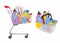 Shopping trolley and basket full of cleaning supplies,sponge for washing dishes and household chemicals for kitchen or toilet,