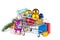 Shopping trolley with Christmas decorations and boxes with gifts
