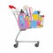 Shopping trolley full of cleaning supplies,sponge for washing dishes and household chemicals for kitchen or toilet, spray and soap
